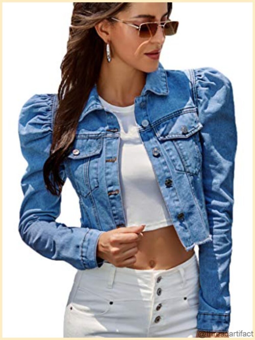 Women's Puff Sleeve Cropped Denim Jacket Button Down Cotton Blend